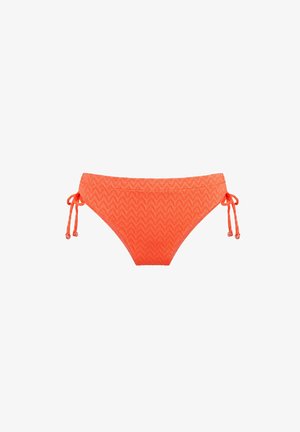 Oranje bikini onderkant met een getextureerd zigzagpatroon, verstelbare zijbandjes en kleine decoratieve kraaltjes aan de uiteinden van de bandjes.