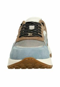 Sneaker with a blue suede and mesh upper, brown suede accents, and black laces. White midsole and brown rubber outsole with textured grip.