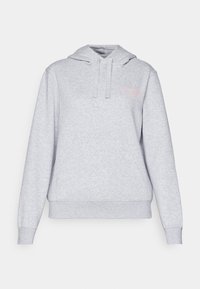 Sweat à capuche gris clair avec cordons et poche kangourou à l'avant, avec un texte rose subtil sur la poitrine.