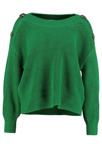 Maglione verde in maglia con una vestibilità ampia, scollo largo e dettagli con bottoni sulle spalle. Presenta polsini e orlo a coste.
