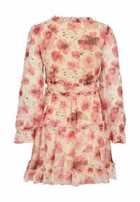 Robe courte à manches longues à fleurs roses et rouges, avec des volants en étages et une taille cintrée, vue de dos sur un fond blanc.