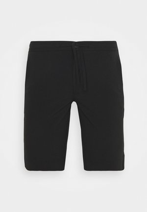 Schwarze Shorts aus leichtem Stoff, mit einem elastischen Bund und Kordelzug sowie einem geraden Schnitt. Keine sichtbaren Taschen.