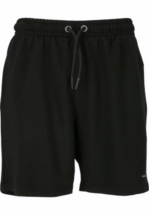 Svarta shorts i mjukt tyg, med elastisk midja, dragsko och sidfickor. Enkel och funktionell design.