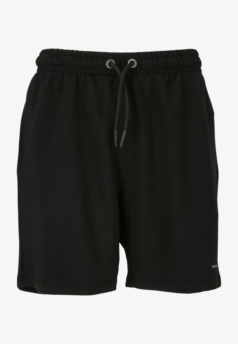 Shorts noirs en tissu doux, dotés d'une taille élastique, d'une fermeture à cordon et de poches latérales. Design simple et fonctionnel.