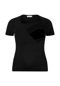 Zwarte top met korte mouwen gemaakt van zacht materiaal, met een gedrapeerd voorkantontwerp, een kruislings halslijn en een getailleerde taille.