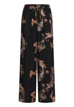 Zwarte wijde broek met een paisleyprint in goud en beige. Voorzien van een elastische tailleband met een trekkoord voor een verstelbare pasvorm.
