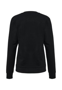 Zwarte sweatshirt met een ronde hals, lange mouwen, ribgebreide manchetten en zoom. De achterkant is glad en heeft een eenvoudig, minimalistisch ontwerp.
