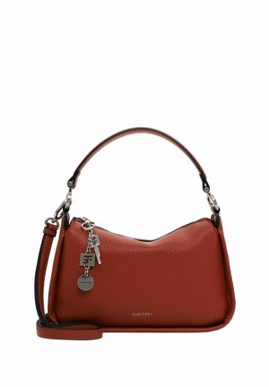 Red leather handbag with a textured finish, curved shape, dual straps, and silver hardware accents, including a charm and logo detail.
