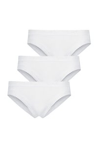 Weißes Baumwollunterwäsche-Set mit gewelltem Spitzenrand, in drei gestapelten Paaren präsentiert, entworfen für Komfort und Passform.