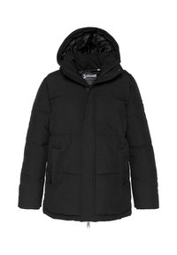 Dunjakke i ensfarvet sort stof med hætte, lynlåslukning og to forlommer. Har quiltet mønster og blød foring.