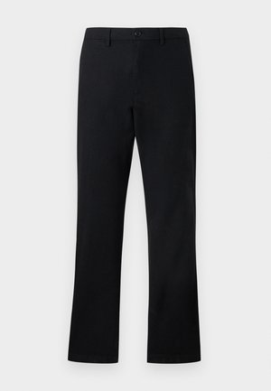 Black straight-leg trousers with a button and zipper closure, belt loops, and side pockets, shown against a white background.