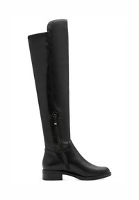 Schwarze Lederstiefel über dem Knie mit flacher Sohle, seitlichem Reißverschluss und glatter Textur; hoher Schaft mit runder Zehenform.