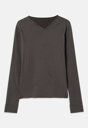 Long-sleeve top in dark gray, featuring a V-neckline and four-button placket. Soft fabric with a relaxed fit and stitched cuffs.