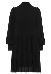 Mustapuku, jossa on korkea kaulus, pitkät puff-hihat ja kerroksellinen helma. Valmistettu kevyestä kankaasta, jossa on sileä pinta ja minimaalinen yksityiskohtaisuus.