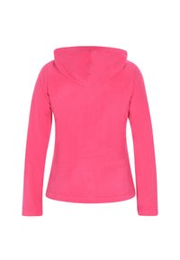 Fleece mikina v jasně růžové barvě, s jemnou texturou, dlouhými rukávy a kulatou kapucí. Bez viditelného kovového doplňku nebo ozdob.