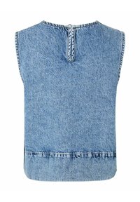 Ermeløs lys blå denimvest med rund halsringning og en liten bakre nøkkelhullåpning med knappelukking.