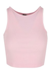 Roze geribbelde crop top met een hoge halslijn en zonder mouwen, met een aansluitende vorm en een gladde textuur. Merklabel zichtbaar aan de binnenkant van de halslijn.