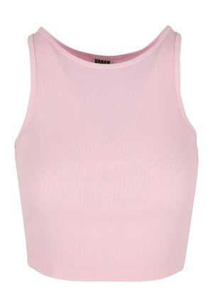 Roosa ribatud lühike topp kõrgema kaelusega ja ilma varrukateta, millel on väljakujunenud kuju ja sile tekstuur. Brändi silt on nähtav kaeluse siseküljel.