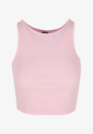 Roosa ribatud lühike topp kõrgema kaelusega ja ilma varrukateta, millel on väljakujunenud kuju ja sile tekstuur. Brändi silt on nähtav kaeluse siseküljel.