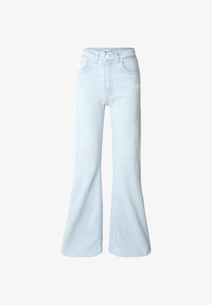 Lys blå høytlivsjeans med utvidet ben, knappelukking foran og lommer foran og bak.