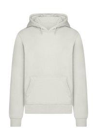 Felpa grigia chiara con tasca frontale a marsupio, cappuccio con cordino regolabile, polsini a coste e un tessuto morbido e texturizzato.