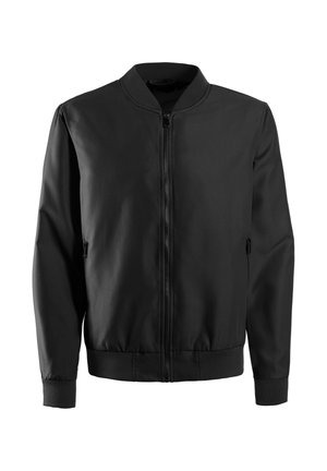 Black zip-up bomber jacket with ribbed collar, cuffs, and hem, featuring side zipper pockets and a smooth fabric finish.