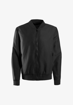 Schwarze Bomberjacke zum Reißverschluss mit geripptem Kragen, Bündchen und Saum, ausgestattet mit seitlichen Reißverschlusstaschen und einem glatten Stofffinish.
