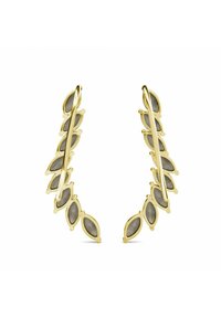 Orecchini in tono oro con design a foglia, caratterizzati da forme di foglia oro e grigio alternate, texture liscia e un gancio ad anello per la chiusura.