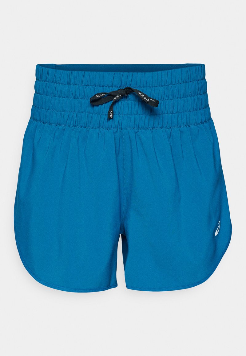 Shorts de sport bleus en matériau léger avec une taille élastique et un cordon de serrage réglable. Présente un détail de logo sur le côté.