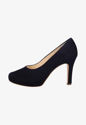 Escarpin femme à talon haut en suede noir avec un bout rond fermé et un intérieur beige, présenté sur un fond blanc.