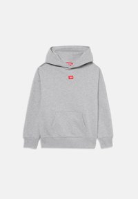 Graue Kapuzenjacke aus weichem Stoff mit einer vorderen Tasche, gerippten Ärmeln und Saum sowie einem kleinen roten Logo auf der Brust. Mit Kapuze.