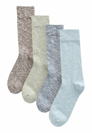 Cztery pary skarpetek do połowy łydki w kolorach brązowym, jasnozielonym, ciemnoszarym i jasnoniebieskim ułożone obok siebie na białym tle.