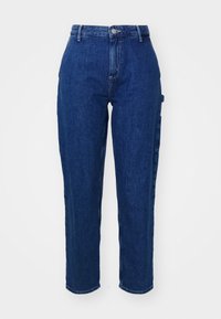 Dark blue denim jeans with a high waist, straight-leg cut, front button closure, and side pockets. Smooth texture with a slight stretch.