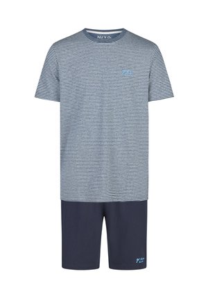 Men’s two-piece sleepwear set with short-sleeve blue and white striped top and solid dark blue shorts with small text details.