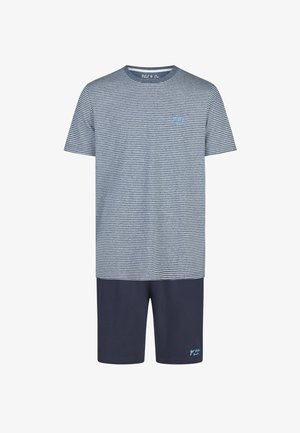 Men’s two-piece sleepwear set with short-sleeve blue and white striped top and solid dark blue shorts with small text details.