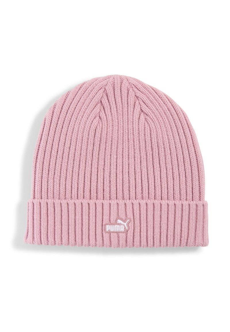 Berretto rosa lavorato a maglia con texture a coste e risvolto. Presenta un piccolo logo bianco Puma sul davanti.