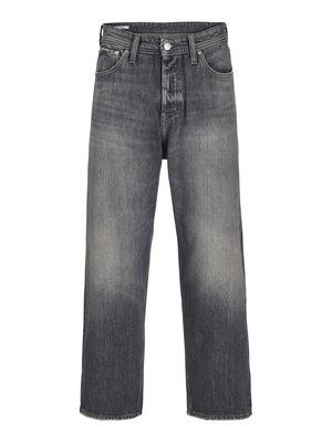 Jeans in denim di colore nero sbiadito, con un design a gamba dritta, cinque tasche e chiusura con bottone metallico in vita.