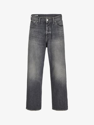 Jeans en denim de couleur noir délavé, avec une coupe droite, un style à cinq poches et une fermeture à bouton en métal à la taille.