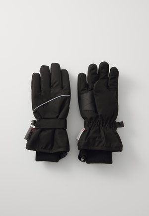 Guanti invernali neri con una texture liscia, dotati di polsini arricciati, dettagli riflettenti e una cinghia per una vestibilità sicura.