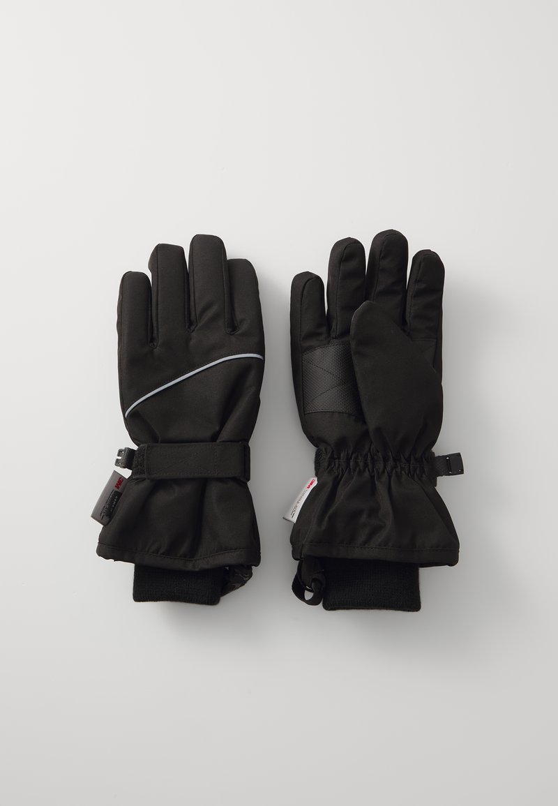 Luvas de inverno pretas com uma textura suave, apresentando um pulso ajustado, detalhe refletivo e uma faixa para um ajuste seguro.