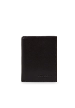 Black leather wallet with a textured surface, foldable design, embossed logo on the front, and horizontal stitching along the edges.