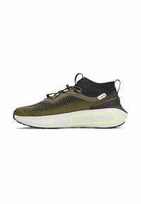 Lace-up athletic shoe with a knit upper in olive and black, featuring a textured wave pattern and a white midsole with neon accents.