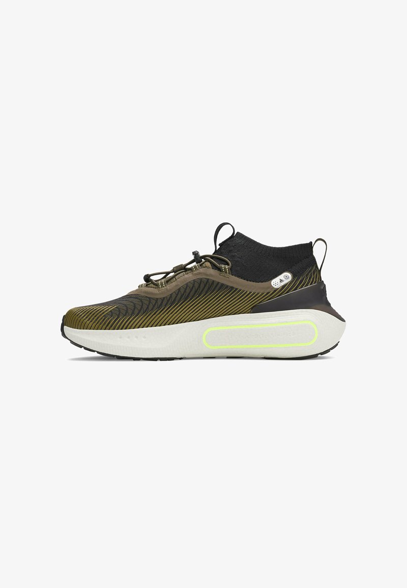 Lace-up athletic shoe with a knit upper in olive and black, featuring a textured wave pattern and a white midsole with neon accents.