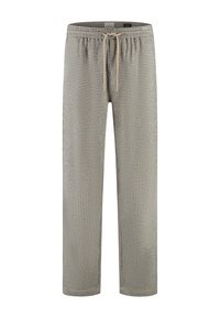 Geruite loungepantalon met een elastische tailleband en koord, gemaakt van zachte stof en met een losse pasvorm. Het patroon is een kleine houndstooth in neutrale tinten.