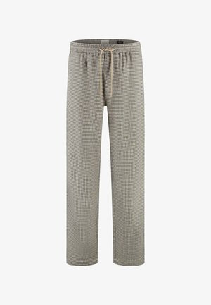 Kariertes Lounge-Hosen mit einem Kordelzugbund, aus weichem Material und in lockerer Passform. Das Muster ist ein kleines Hahnentrittmuster in neutralen Tönen.