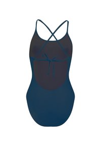 Bañador entero azul marino con diseño de espalda cruzada, que presenta un panel trasero de malla y un detalle de lazo en el delantero. Textura suave.