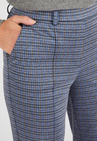 Pantaloni in misto lana con motivo a quadri blu e marrone, dotati di tasca frontale e texture liscia. Vestibilità tailored con vita.