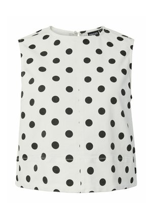 Blouse blanche sans manches à pois noirs, col rond et fermeture par bouton au dos.