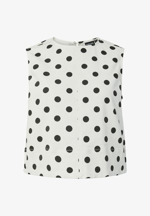 Blouse blanche sans manches à pois noirs, col rond et fermeture par bouton au dos.