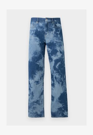 Sinised teksad lipsu-värvitud mustriga, sirgete säärtega, ees nööpide ja luku, viie taskuga, ühtlasel taustal.